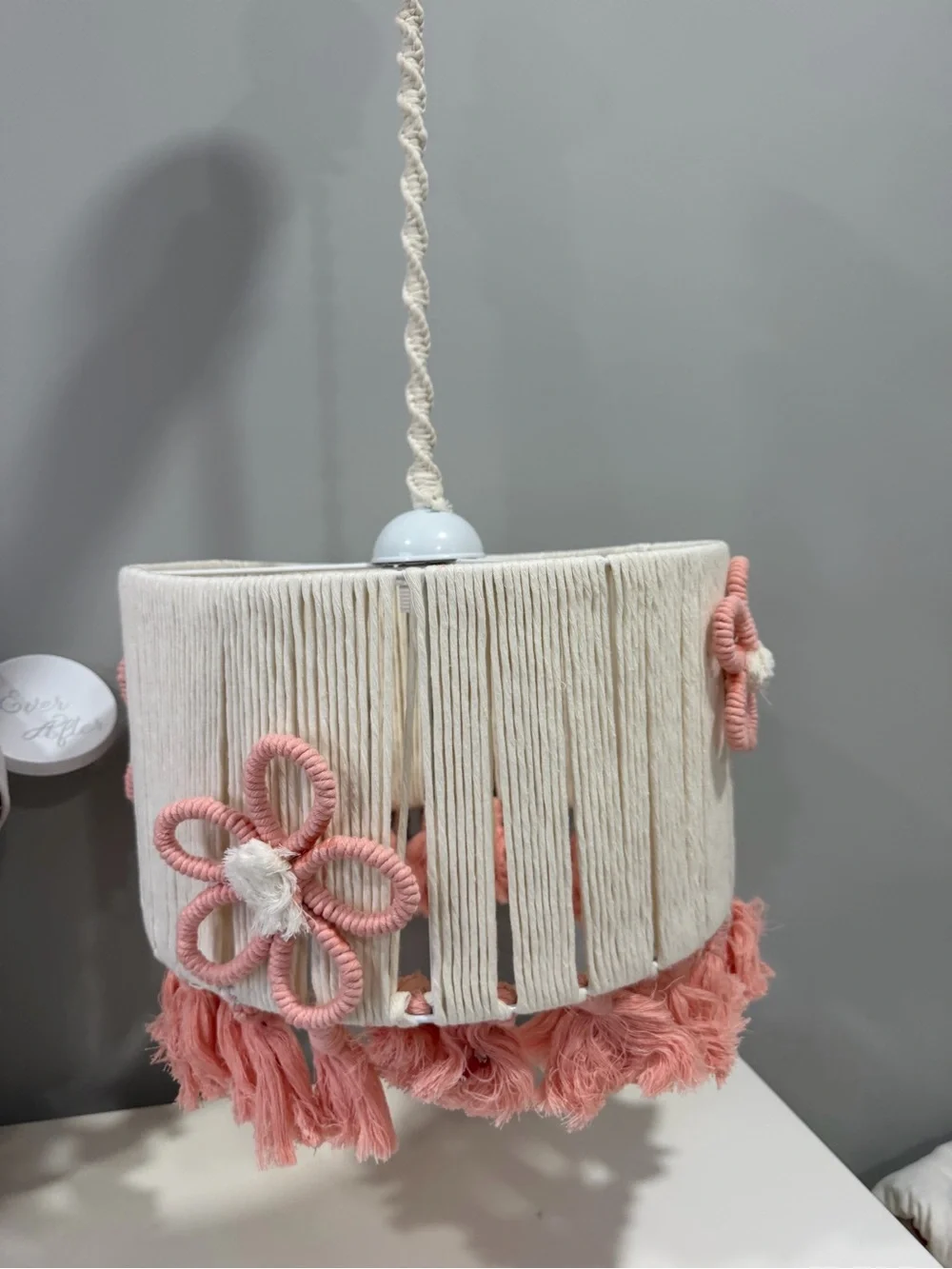 Handmade Cream and Pink Floral Macrame Table Lamp and Shade Set